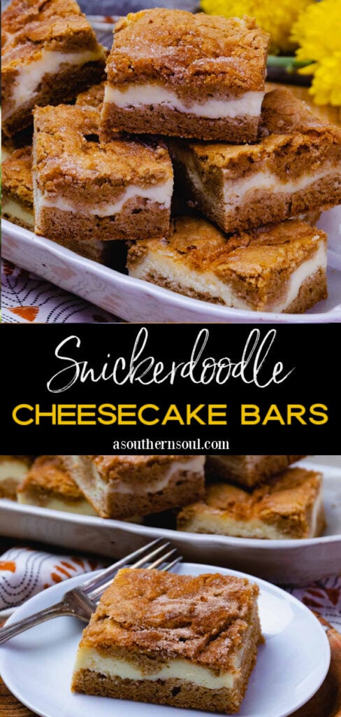 Pinterest pin for Snickerdoodle Cheesecake Bars Recipe