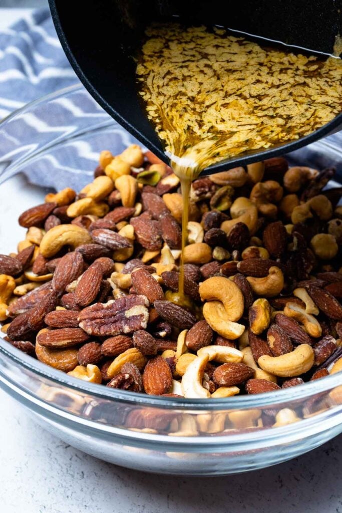 Butter, honey, brown sugar ane seaoning mix for roasted mixed nuts.
