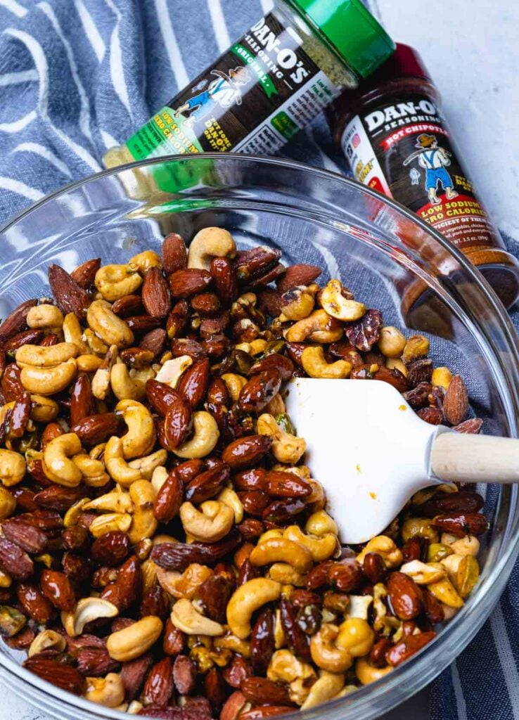 Dan-O's season, hot and original and a bowl of mixed nuts for roasting.