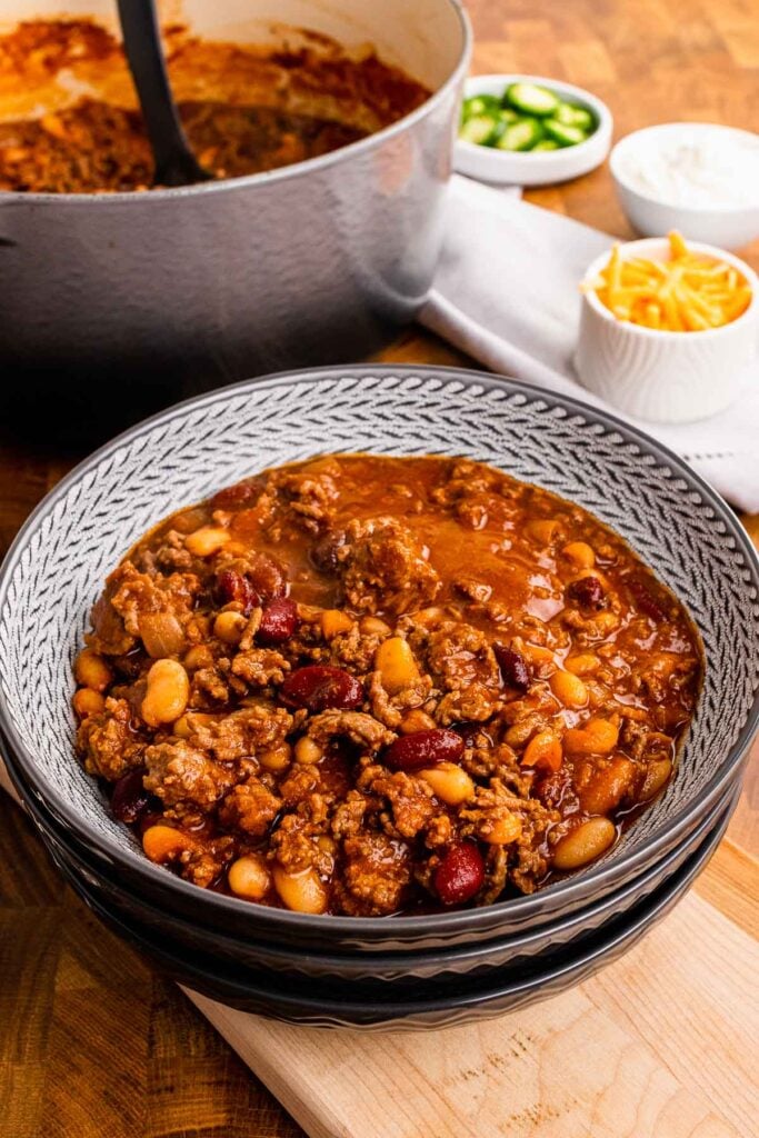 Stacked bowls with Bloody Mary Chili.