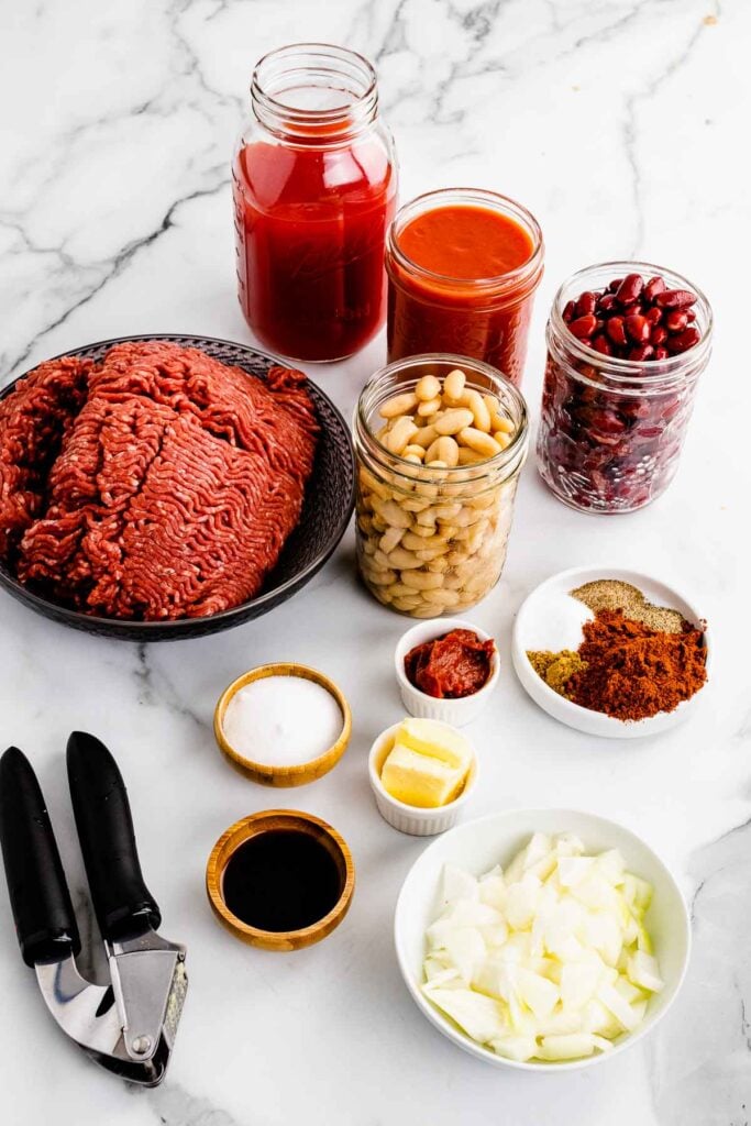 Ground beef, beans, Bloody Mary mix and other ingredients for Bloody Mary Chili.
