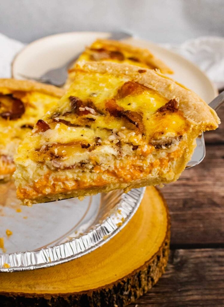 Slice of Bacon Cheddar Quiche after baking.