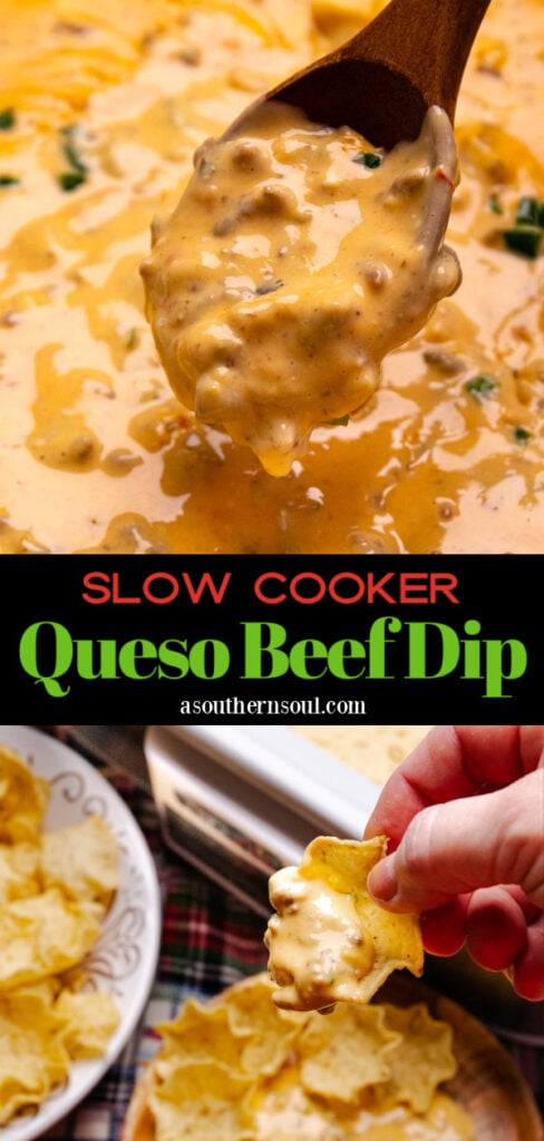 Pinterest pin image for Slow Cooker Beef Queso Dip
