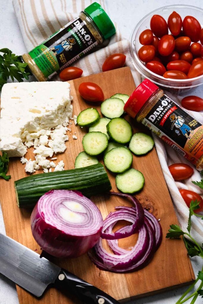 cucumbers, tomatoes, red onion, feta chees and Dan-O's for the best salad.