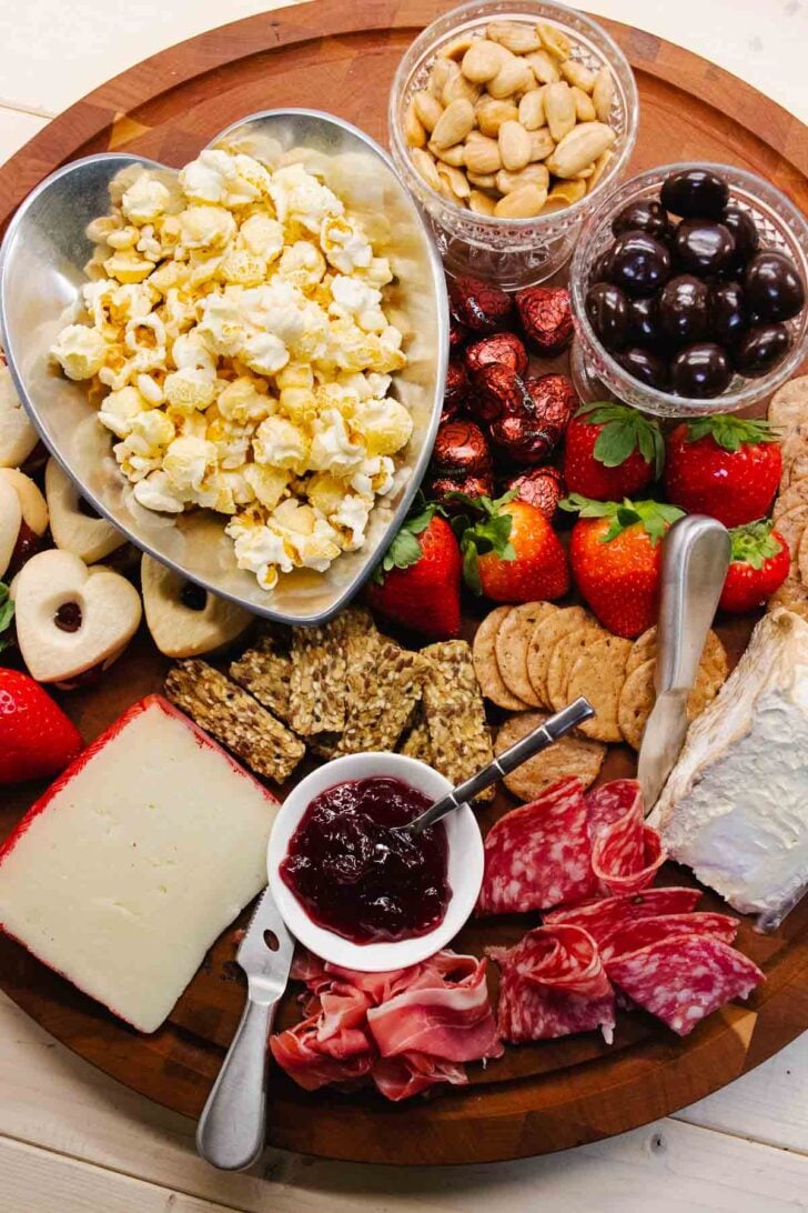 Valentines Day Board for two with sweets, meat and cheese.