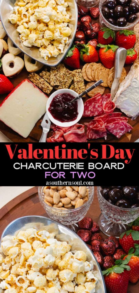 Pinterest pin for Valentine's Day Charcuterie Board For Two