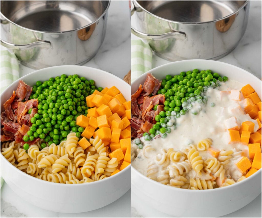Bacon Ranch Pasta Salad with all the different ingredients visible in a bowl then topped with dressing.