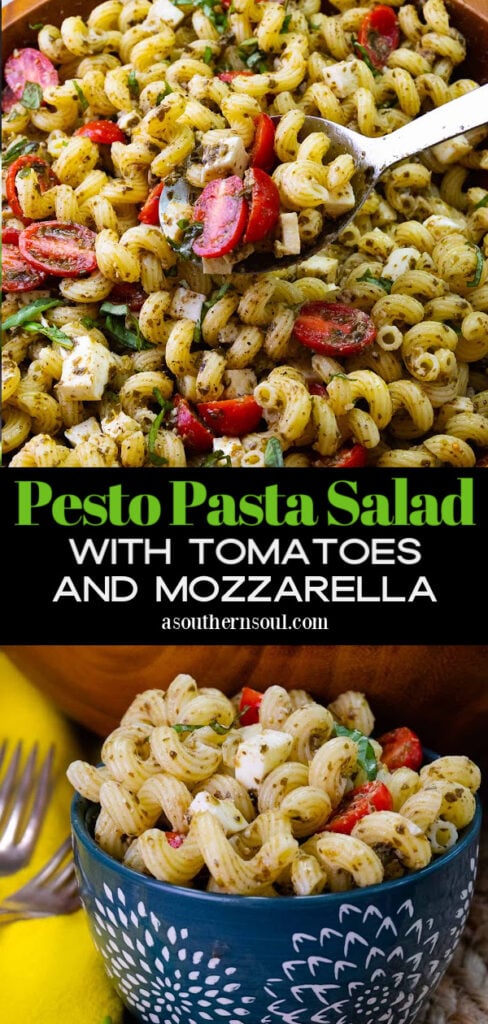 Pinterest pin for Pesto Pasta Salad With Tomatoes And Mozzarella