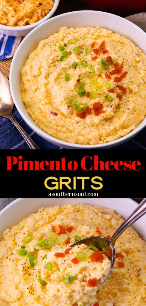 Pimento cheese grits with 2 images for Pinterest.