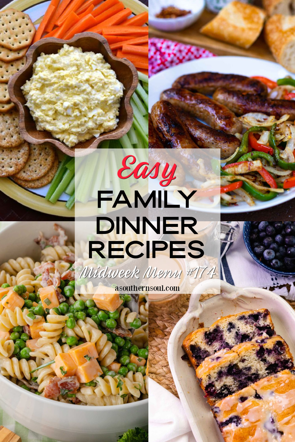 Midweek Menu 174 featuring grilled sausage with peppers and onions, spinach dip, pasta salad, and blueberry bread Pinterest pin