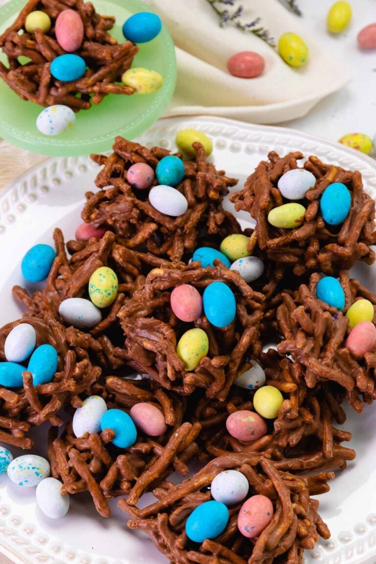 No-Bake Birds Nest Cookies are the perfect Easter and spring treat on a platter for a holiday centerpiece.