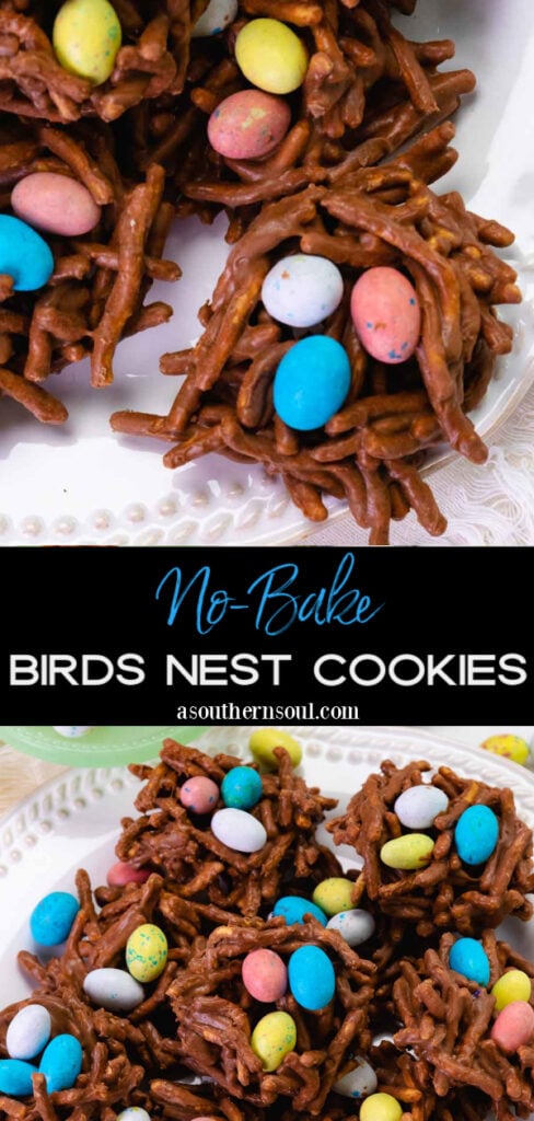 Pinterest pin image for Easy No-Bake Bird's Nest Cookies