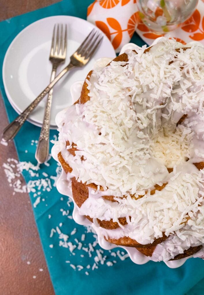 Pina Colada Bundt Cake made with pineapple and coconut that starts with a boxed cake mix.