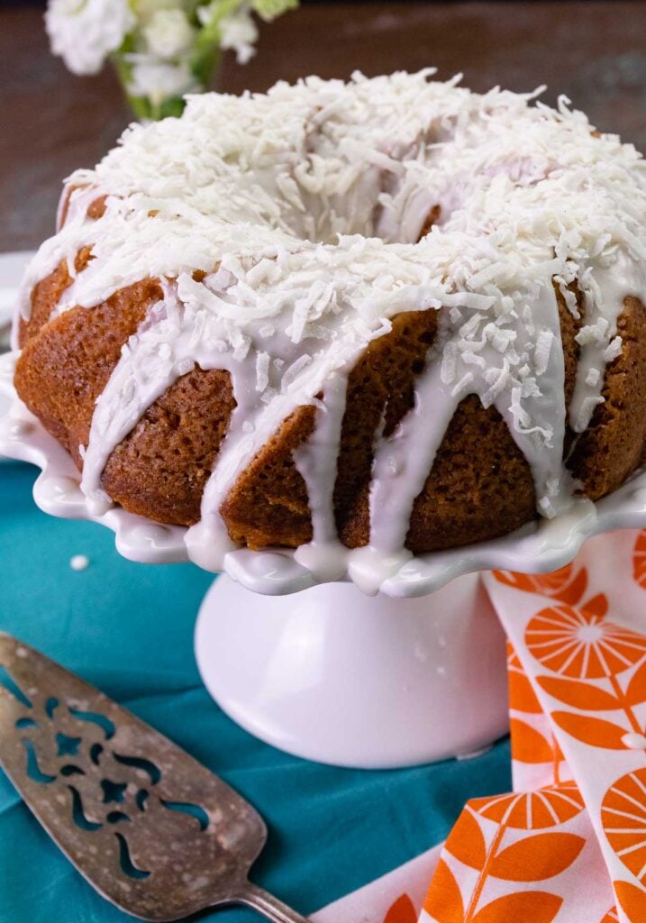 Pina Colada Bundt Cake made with pineapple and coconut that starts with a boxed cake mix.