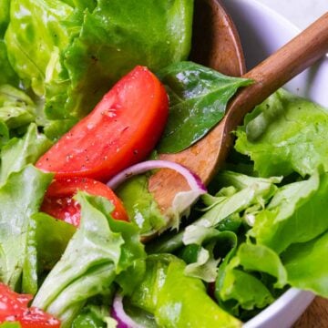 Everyday Green Salad is fresh, easy to make, with tomatoes, lettuce and onion. It's the best recipe that's simple and delicious.