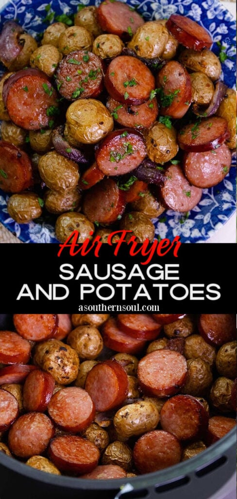 Pinterest pin for Easy Air Fryer Sausage And Potatoes