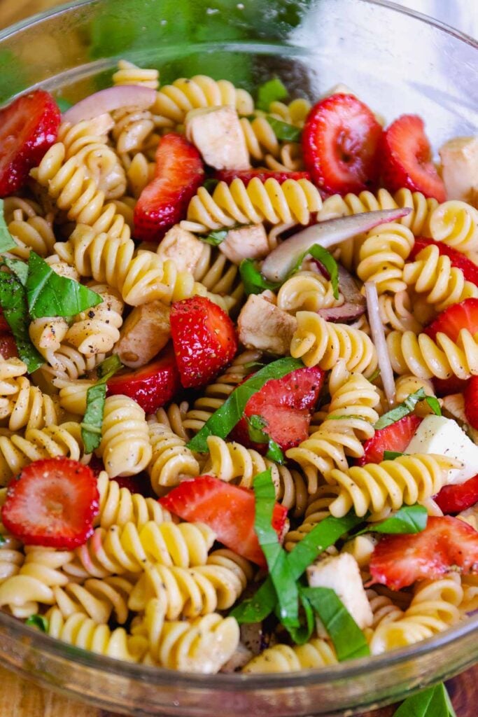 Strawberry Caprese Pasta Salad made with fresh ingredients is the perfect summer salad to serve at any family gathering or as a side dish for grilled meats and fish.