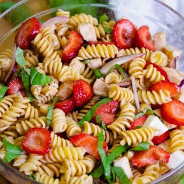 Strawberry Caprese Pasta Salad made with fresh ingredients is the perfect summer salad to serve at any family gathering or as a side dish for grilled meats and fish.