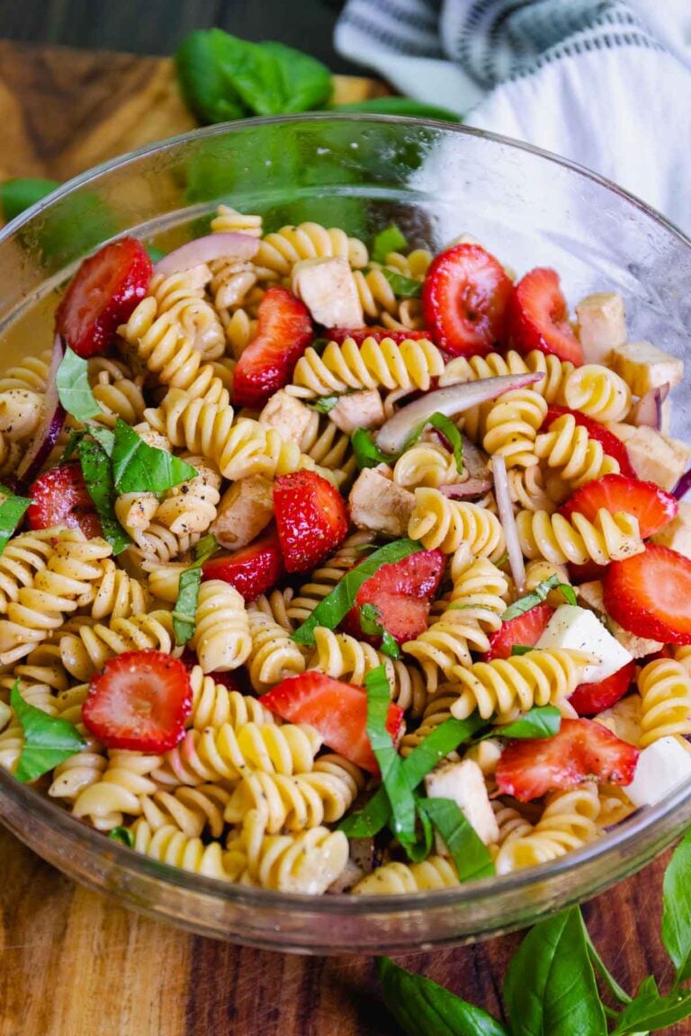 Strawberry Caprese Pasta Salad made with fresh ingredients is the perfect summer salad to serve at any family gathering or as a side dish for grilled meats and fish.