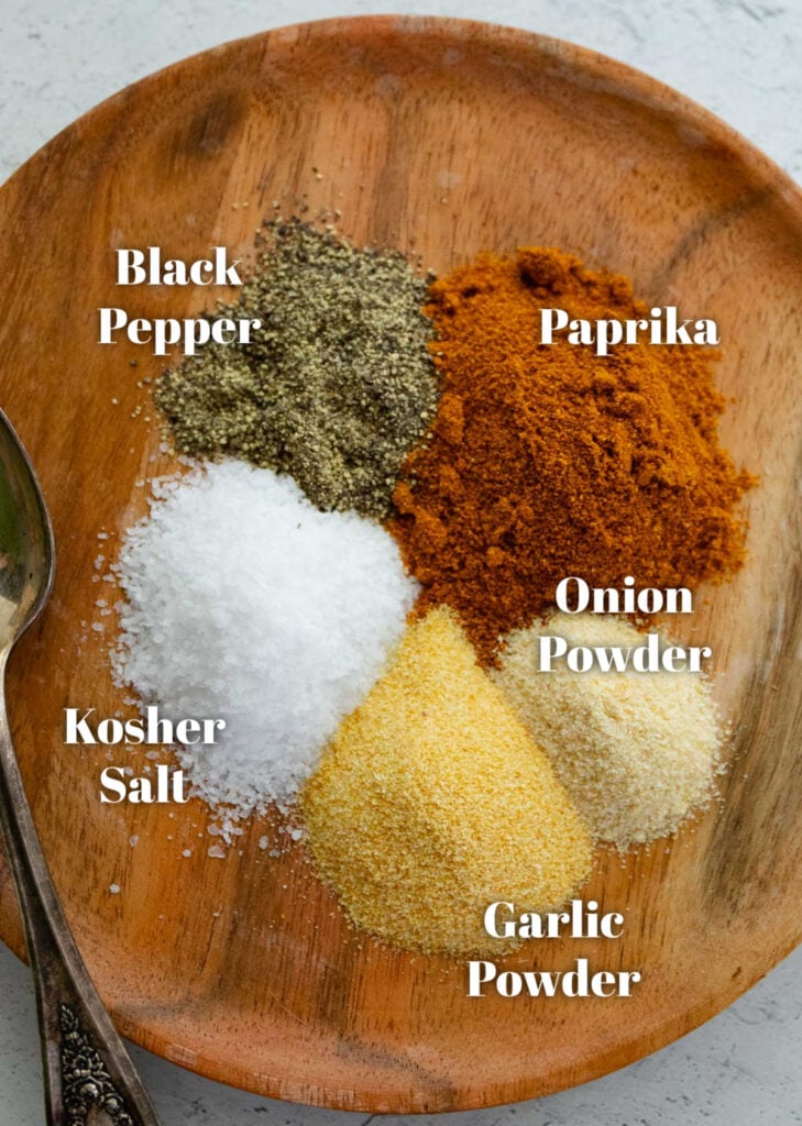 Homemade burger seasoning labled with ingredients.