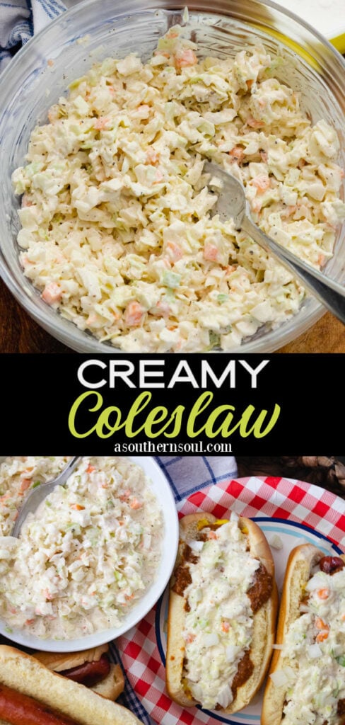 Creamy coleslaw for a side dish, hot dogs, hamburgers is great for serving at cookouts.