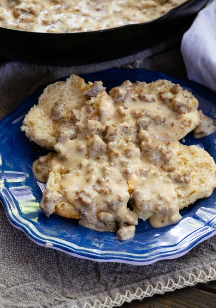Biscuits served with homemade sausage grave is a classic southern breakfast that has been loved over the ages.