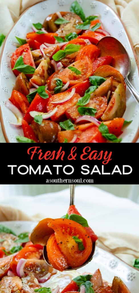 Fresh tomato Salad with basil and red onion is one of summers best side dished served with anything off the grill or just on it's own.