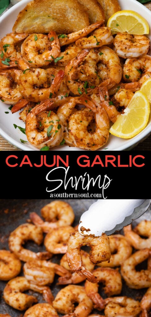 Beautiful white bowl filled with cooked cajun garlic shrimp served with toast and lemons then garnished with fresh parsley as an appetizer or main dish.