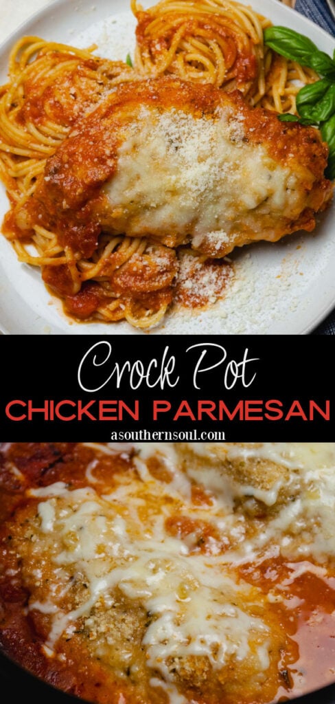 Crock Pot Chicken Parmesan served with cooked spaghetti, fresh bread and a green salad.