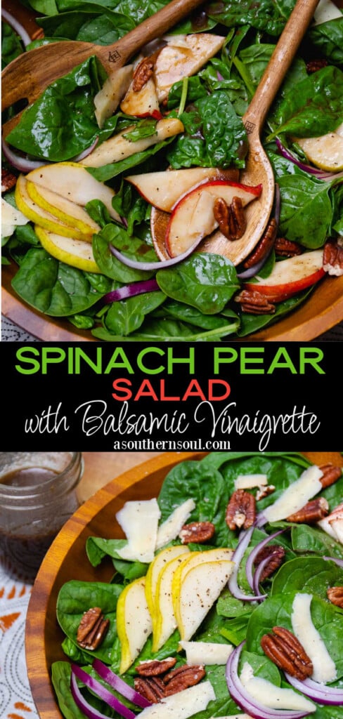 Spinach Pear Salad with balsamic dressing served with wooden tongs for the prefect fall salad.