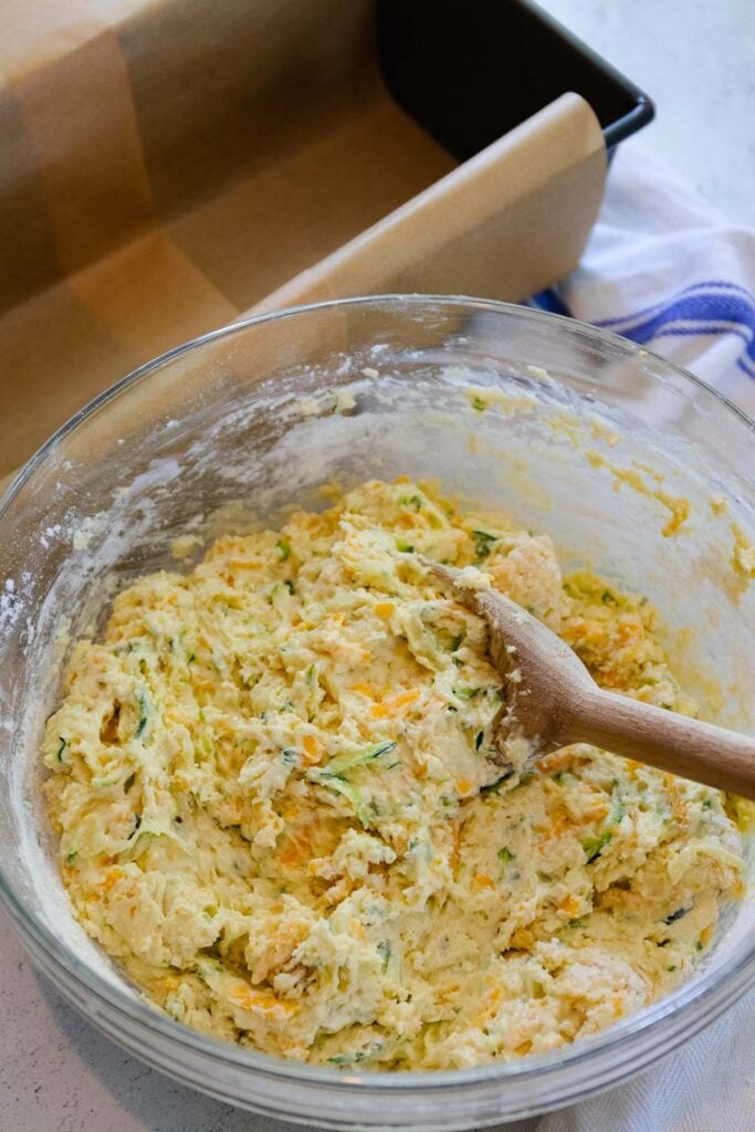 Bowl of batter for zucchini cheese bread.