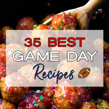 Glazed meatballs in black pot with wooden spoon, topped with fresh herbs - 35 BEST Recipes For Game Day Pinterest pin
