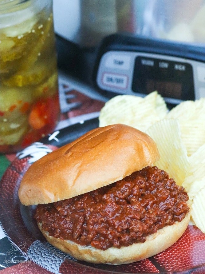 Sloppy Joe sandwich on toasted bun with chips and beverage, Easy Slow Cooker Dinners for Busy Weeknights Set It and Forget It casual table s