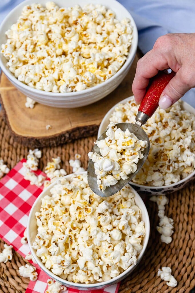 Scoopful of homemade stovetop popcorn ready to serve!