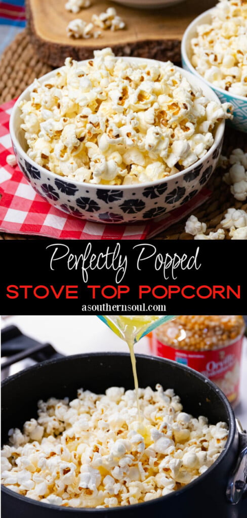 Pinterest pin for Perfectly Popped Stove Top Popcorn
