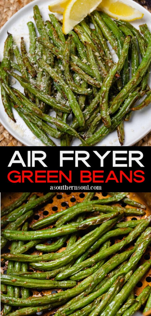 air fryer green beans ready to be served fom the air fryer and seasoned to perfection.