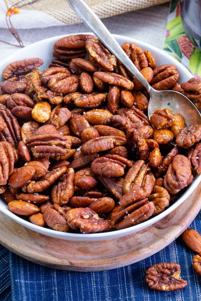 Air Fryer Roasted Nuts made with pecans and almonds is a heart healthy snack made in minutes.