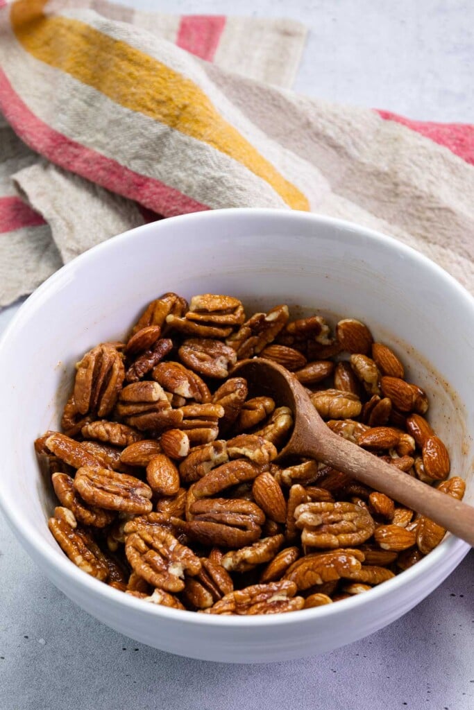 Pecans and almonds roasted in the air fryer flavored with butter, honey and cayenne pepper.