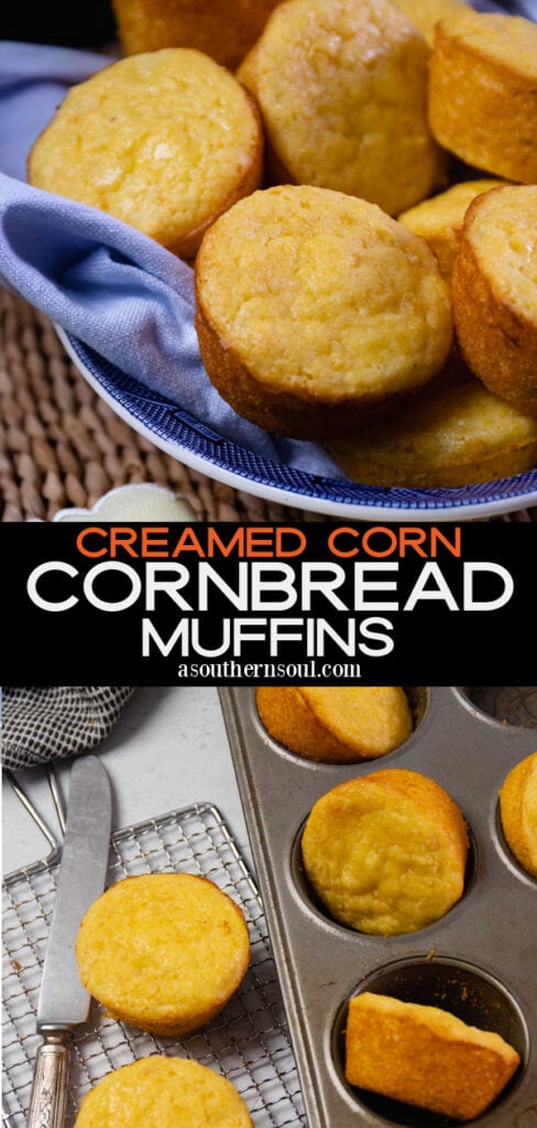 Baked corn muffins made with creamed corn and Jiffy mix baked in a muffin tin.