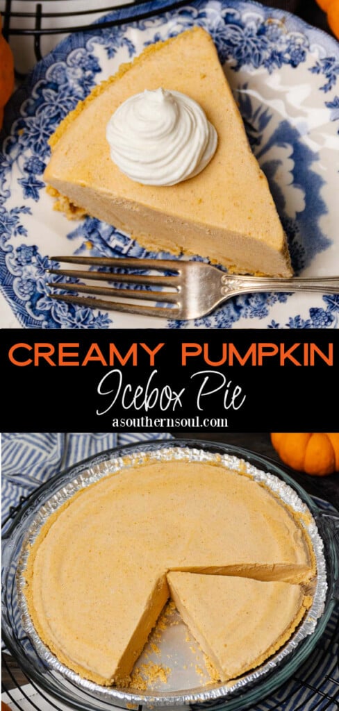 Slice of Pumpkin Icebox Pie served on a blue plate with whipped cream.
