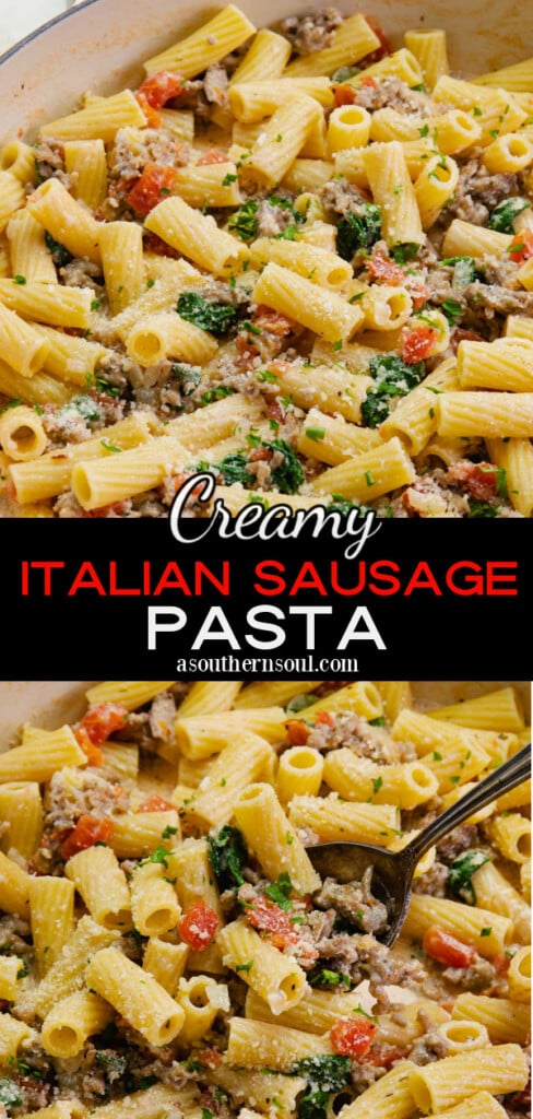 Pinterest pin for Creamy Italian Sausage Pasta