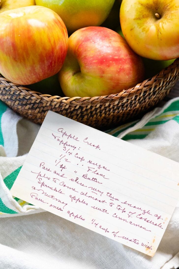 Recipe card written by Grandma to make her classic apple crisp.
