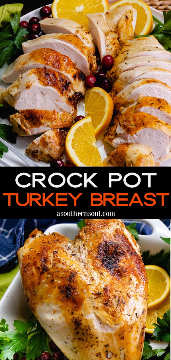 Juicy, tender turkey breast cooked in the crock pot, sliced and ready to serve for Thanksgiving.