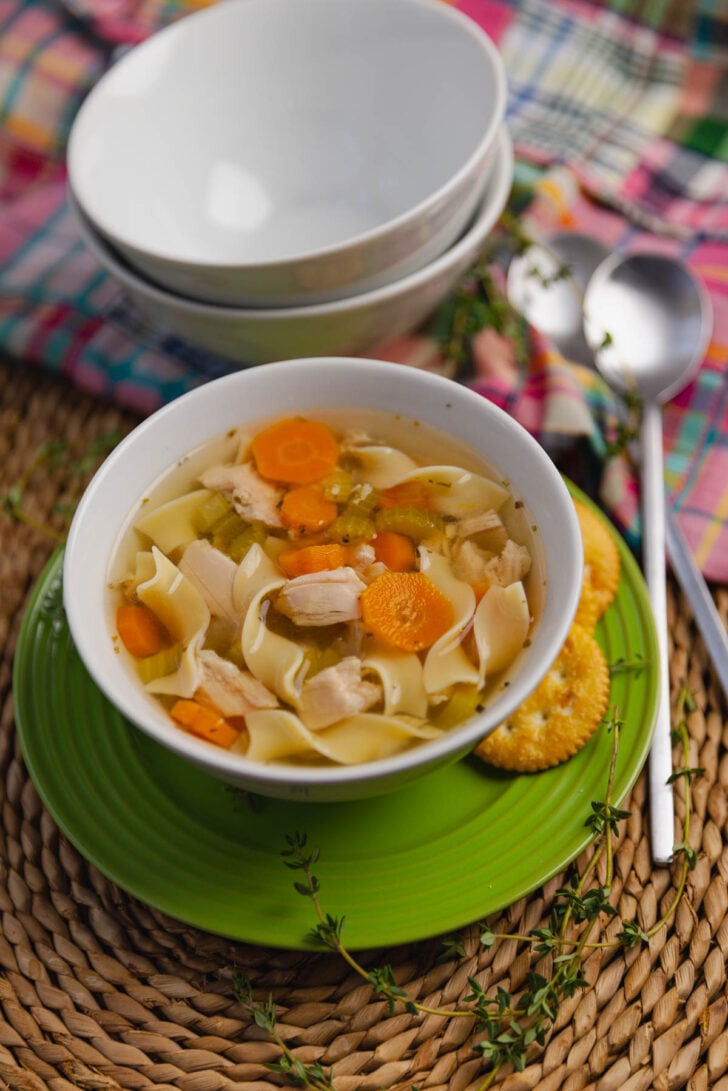 Homemade Turkey Noodle Soup made in the crock pot is light, flavorful and made with the best leftovers making it perfect for an easy, comfort food meal.