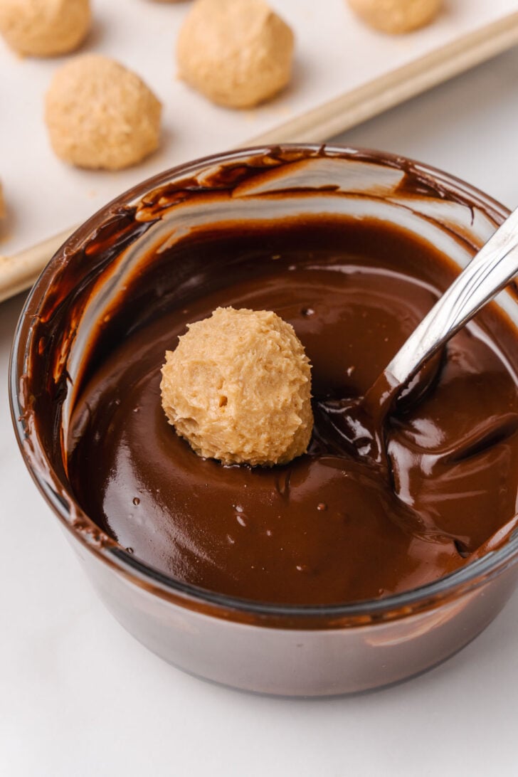 Peanut Butter Balls topped with a drizzle of chocolate and crushed peanuts make a wonderful sweet treat for the holidays and are perfect for gift giving.
