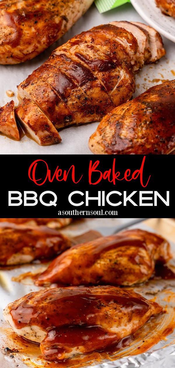 Tender, and juicy oven baked chicken with a rich BBQ sauce with all the flavors you love from summer grilling is easy to make and the perfect weeknight meal.