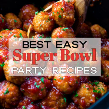 Glazed meatballs with green garnish in cast iron skillet, wooden spoon lifting one ball - Best Easy Super Bowl Party Recipes Pinterest pin