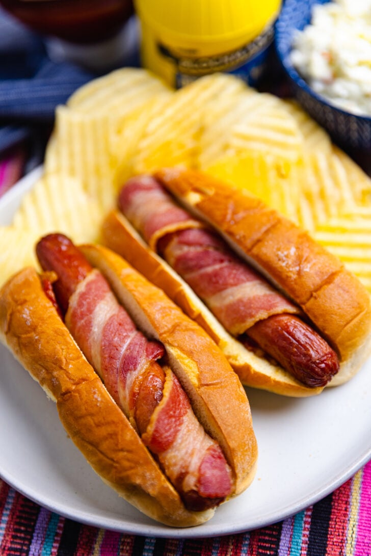hot dogs wrapped in bacon and cooked in an air fryer.