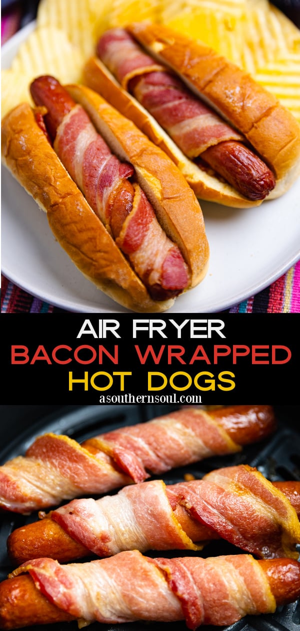 hot dogs cooked in the air fryer then wrapped in bacon placed in a soft buttered bun.