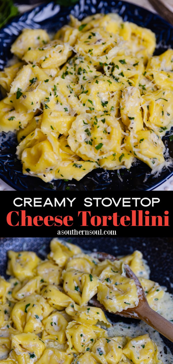 Pinterest pin for Creamy Stovetop Cheese Tortellini